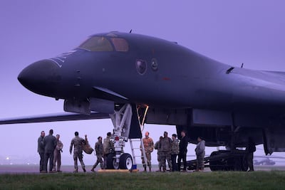 A US B1 Rockwell Lancer bomber is seen on the apron after landing at RAF Fairford in England on Saturday after Prime Minister Keir Starmer said the US to could use British bases, to launch "defensive" strikes against Iranian missile sites. Getty Images