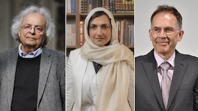 Syrian poet Adonis; Emirati author Reem Al-Kamali and Nobel prize-winning economist Guido Imbens will all appear at the 2022 Abu Dhabi International Book Fair. AFP; Antonie Robertson / The National; Getty Images