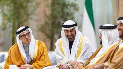 President Sheikh Mohamed, Sheikh Mansour bin Zayed, Vice President, Deputy Prime Minister and Chairman of the Presidential Court, Sheikh Saif bin Mohamed and Sheikh Suroor bin Mohamed at Mushrif Palace.