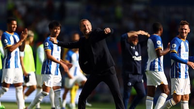 Graham Potter celebrates after Brighton's win against Leeds United on August 27, 2022. Getty