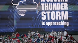 A thunderstorm warning on the big screen in Philadelphia as rain begins during the match between Iraq and France. Reuters