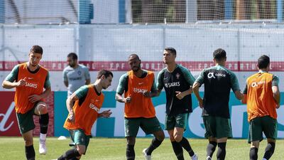 Portugal players (L-R) Ruben Dias, Cedric Soares, Manuel Fernandes and Cristiano Ronaldo during a training session at the Kratovo training camp. Paulo Novais / EPA