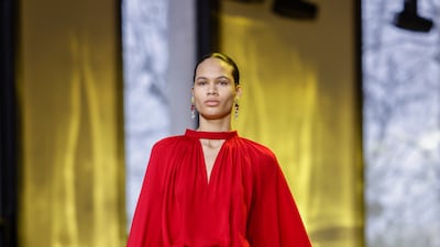 Pops of vivid red on the runway for Elie Saab at Paris Fashion Week. AP