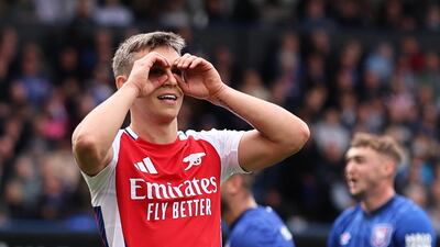 Arsenal's Leandro Trossard celebrates scoring the third goal against Ipswich Town. Reuters