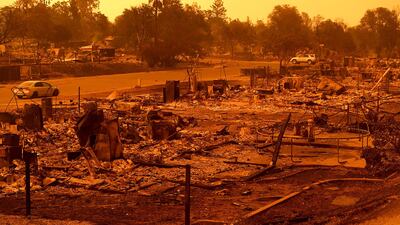 Homes leveled by the Carr Fire line the Lake Keswick Estates area of Redding, Cali. AP Photo / Noah Berger
