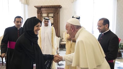Reem Ibrahim Al Hashimi, Minister of State for International Cooperation, with the Pope. Ryan Carter / Crown Prince Court - Abu Dhabi