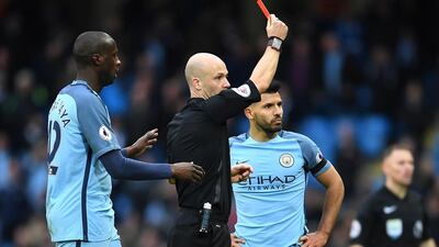 Manchester City striker Sergio Aguero received a red card against Chelsea last season. Laurence Griffiths / Getty Images