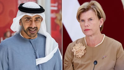 Sheikh Abdullah bin Zayed, Deputy Prime Minister and Minister of Foreign Affairs, and Latvia's Foreign Minister Baiba Braze