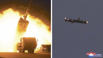 Photos purported to be of long-range cruise missile tests in North Korea on September 11 and 12. KCNA via Reuters