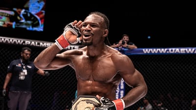 Jaures Dea celebrates after winning the UAE Warriors Africa featherweight title at the Etihad Arena on Yas Island on Friday, February 24, 2023. All photos: UAE Warriors