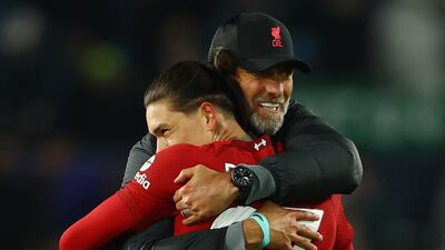 Liverpool manager Jurgen Klopp and Darwin Nunez celebrate after the match. Reuters
