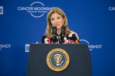 US Ambassador to Australia Caroline Kennedy introduces US President Joe Biden at the JFK Library and Museum in Boston, Massachusetts. EPA