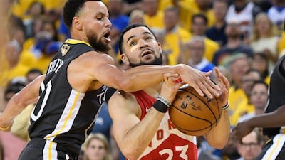 Toronto Raptors guard Fred VanVleet is fouled by Golden State Warriors guard Stephen Curry. AP Photo