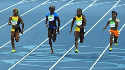(From L) Jamaica’s Shelly-Ann Fraser-Pryce, USA’s Tori Bowie, Jamaica’s Elaine Thompson and Ivory Coast’s Marie-Josee Ta Lou compete in the women’s 100m final during the athletics event at the Rio 2016 Olympic Games at the Olympic Stadium in Rio de Janeiro on August 13, 2016. Jewel Samad / AFP
