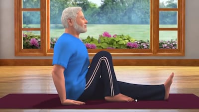 A virtual rendering of Indian Prime Minister Narendra Modi demonstrates the spinal twist yoga pose in a social media video. Twitter / Narendra Modi