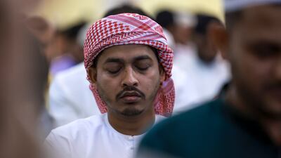 Hundreds of Muslim worshippers were drawn to Bani Hashim Mosque for Eid prayers. Victor Besa / The National