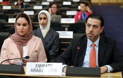 Khalifa Almazrouei, right, Counselor at the UAE Permanent Mission in Geneva speaks at the UN Human Rights Council. The body has called on Iran to provide full, effective and prompt reparations to victims. Chris Whiteoak / The National