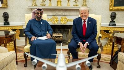 Sheikh Tahnoon bin Zayed, Deputy Ruler of Abu Dhabi and National Security Adviser, with US President Donald Trump at the White House. Photo: Donald Trump / Truth Social