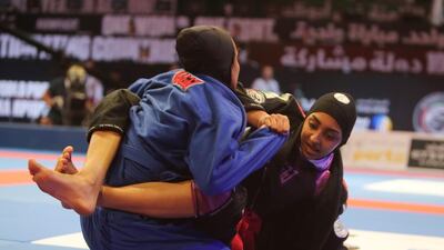 Alyazyah Al Shehyari (in black) of the UAE shown in her match with May Sherif Mahmoud of the UAE in the Abu Dhabi World Youth Jiu-Jitsu Championship 2016. Ravindranath / The National
