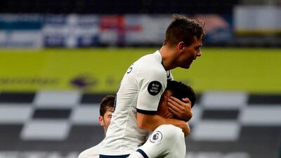 Tottenham players celebrate Son Heung-Min's goal, which was disallowed by VAR. AFP