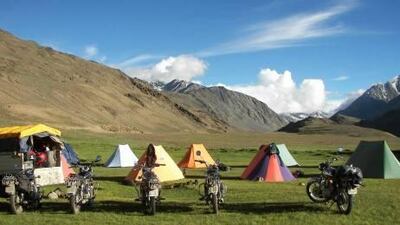 Bikers camp at 13,500 feet at Chander Daal in Spiti Valley in Ladakh, northern India, as part of the ride last summer