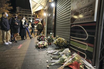 Flowers near Notre-Dame de l'Assomption Basilica in Nice on October 31, 2020, two days after a knife attacker killed three people, France. AFP
