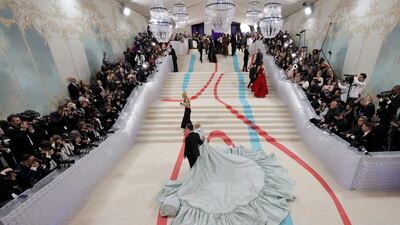 The pristine white Mat Gala 2023 carpet was created by Indian company Extraweave. Getty Images