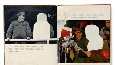 A double page from Chairman Mao Is the Red Sun in Our Hearts. Removed from the book is Lin Biao, once Mao’s designated successor. But Biao fell from favour after an alleged coup attempt on Mao and was removed, often crudely, by state censors from these propaganda books (Beijing: People’s Fine Arts Publishing House, 1967), from The Chinese Photobook (Aperture, 2015). Courtesy The Photographers’ Gallery