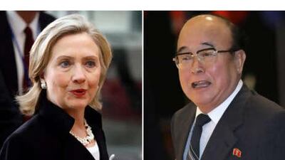 The US Secretary of State Hillary Clinton, left, the and North Korean foreign minister Pak Ui Chun.