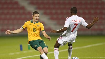 Scott Galloway of Australia and Yousif Saeed of the UAE compete for the ball during the AFC U23 Championship Group D match at Grand Hamad Stadium on January 14, 2016 in Doha, Qatar. Francois Nel/Getty Images