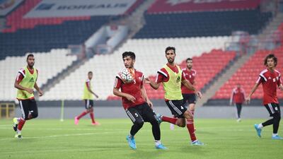 UAE national team players train ahead of 2018 World Cup qualifying matches against Palestine, in the West Bank on Tuesday, and Malaysia, on Thursday night in Abu Dhabi. Photo Courtesy / UAE FA