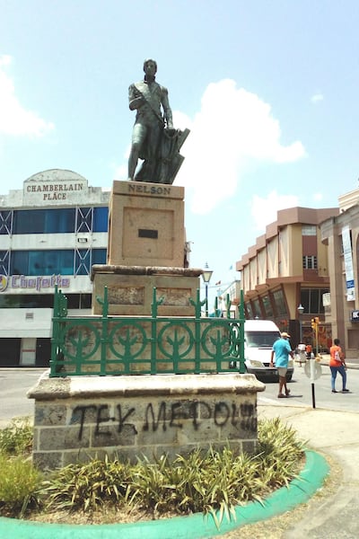 A statue of Royal Navy Vice-Admiral Horatio Nelson stands with its plinth vandalised a day after the government of the Caribbean island of Barbados said it wished to remove Britain's Queen Elizabeth as its head of state and become a republic, Bridgetown, Barbados. Nigel R Browne / Reuters