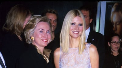 Gwyneth Paltrow, in Giorgio Armani, and Hillary Clinton attend the 'Shakespeare in Love' premiere at the Ziegfeld Theatre in New York, US, on December 3, 1998. Getty Images