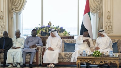 Sheikh Mohamed bin Zayed meets Adama Barrow during a Sea Palace barza. Seen with Sheikh Saud bin Saqr Al Qasimi, Ruler of Ras Al Khaimah. Mohamed Al Hammadi / Ministry of Presidential Affairs