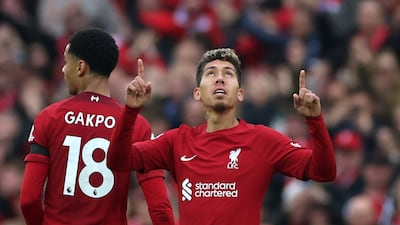 Liverpool's Roberto Firmino celebrates scoring the equaliser against Arsenal at Anfield on Sunday, April 9, 2023. Reuters