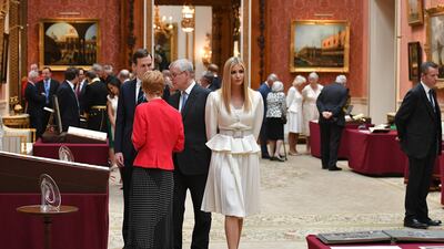 Ivanka Trump and her husband Senior Advisor to the President of the United States Jared Kushner view displays of US items of the Royal Collection with Britain's Prince Andrew, Duke of York at Buckingham palace at Buckingham Palace in central London on June 3, 2019. AFP