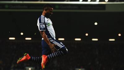 Stephane Sessegnon of West Bromwich Albion celebrates as he scores against Manchester United to make it 1-0 West Brom in the eventual 2-2 draw in the Premier League on Monday night. Michael Regan / Getty Images
