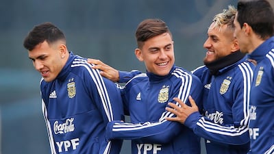 Argentina players Leandro Paredes, Paulo Dybala, and Roberto Pereyra attend their team's training session at the premises of the Argentine Football Association (AFA) in Ezeiza, Buenos Aires ahead of the 2019 Copa America. The tournament will take place in Brazil from June 14-July 7. EPA