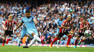 Sergio Aguero of Manchester City scores his sides first goal during the Premier League match between Manchester City and Sunderland at Etihad Stadium on August 13, 2016 in Manchester, England. Michael Steele / Getty Images