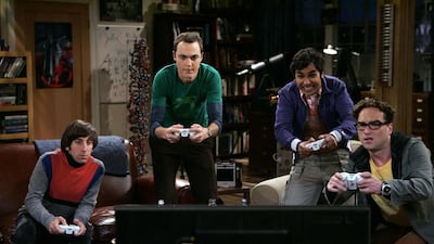 Johnny Galecki, Jim Parsons, Kunal Nayyar and Simon Helberg in season one of The Big Bang Theory.
