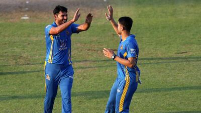 Sharjah, United Arab Emirates - October 17, 2018: Fazal Niazai of the Nangarhar Leopards takes the wicket of Ryan ten Doeschate of the Balkh Legends during the game between Balkh Legends and Nangarhar Leopards in the Afghanistan Premier League. Wednesday, October 17th, 2018 at Sharjah Cricket Stadium, Sharjah. Chris Whiteoak / The National
