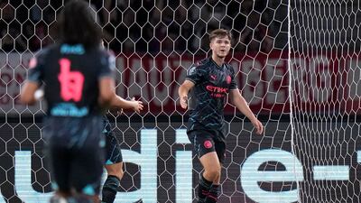 Manchester City's James McAtee celebrates his opener. AP