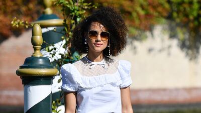 British actress Nathalie Emmanuel arrives at Lido Beach for the 77th annual Venice International Film Festival on September 8, 2020. EPA