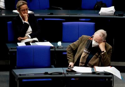 Alternative for Germany leaders Alexander Gauland, right, Alice Weidel during a session in the Bundestag in Berlin last week. The right-wing party has lost seats in two key state elections. EPA