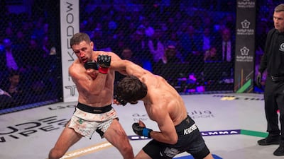 Timur Khizriev, right, lands a punch on Brendan Loughnane in the 2024 PFL World Championship featherweight final in Riyadh on Friday, November 29, 2024. All pictures supplied by PFL