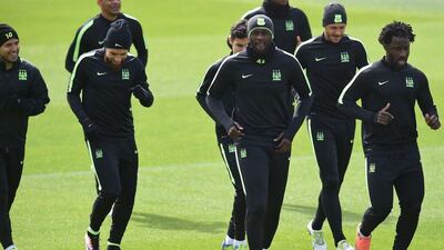 Manchester City players train on Tuesday ahead of Wednesday's Champions League semi-final second leg against Real Madrid. Paul Ellis / AFP / May 4, 2016