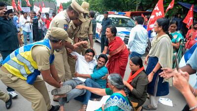 Members of the Communist Party of India are detained by police at a protest in Hyderabad on August 7, 2019. AFP