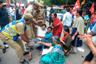 Members of the Communist Party of India are detained by police at a protest in Hyderabad on August 7, 2019. AFP