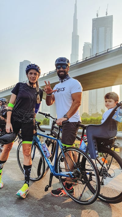 Tania Lolla Kaddoura with her husband Mohammed and their son Noah at Dubai Ride. Photo: Tania Lolla Kaddoura