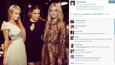 A screengrab from Paris Hilton's Instagram account showing Paris Hilton, Khloé Kardashian and Nicky Hilton at the opening of Clé.